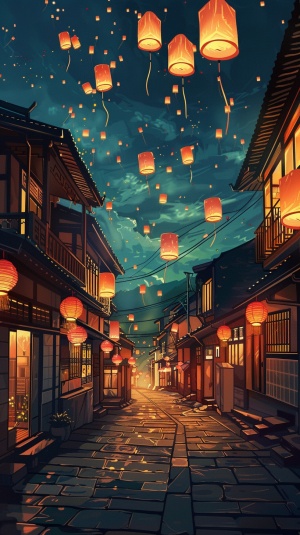 一幅中国新年场景描绘着天灯在夜空中飘浮。暖色调如红色和黄色的灯光照亮了一条古老街道两旁的小房子。以动漫风格,这幅插图具有柔和的光线和简约的背景。天灯的光线在建筑物上投下阴影。周围的一切都有一种神秘的感觉。