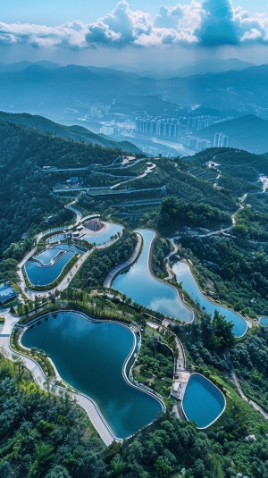 aerial view, a row of huge heart-shaped reservoirs on the top of the mountain, surrounded by mountains, surrounded by trees, luxury hilltop b & b, navy blue and light green, blue sky, white clouds, skyline, 32k resolution, high definition real shooting ar 3:4 cref s.mj.runXhmJXB7MrBk cw 100