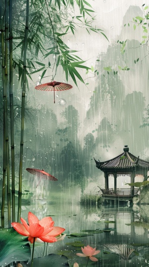 ✨关键词：下雨天，竹林里，有个小屋，可以喝茶，非常舒服安全，风景画画面风格：默认模型：神思绘韵尺寸：自由选择