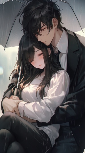 一男一女，女的被男抱在怀里，男的将女人抱在怀里，手里拿着雨伞，男人眼神中是对女的温柔爱意，黑色头发