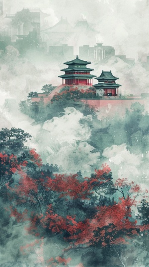 请模仿隋唐宋时期风格特点，创作一幅诗意盎然的山水画，8K