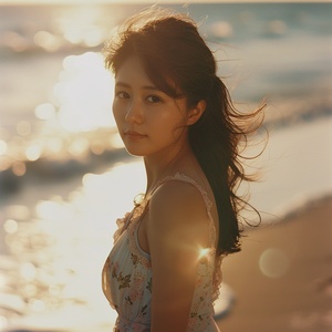 A young Japanese woman stands on a beach, the wind tugging at her hair and clothes. Her curves are softly visible under her flowy dress, and her face glows with a natural radiance, her features highlighted by the warm sunlight. professional photography ar 9:16 v 5.1 q 2