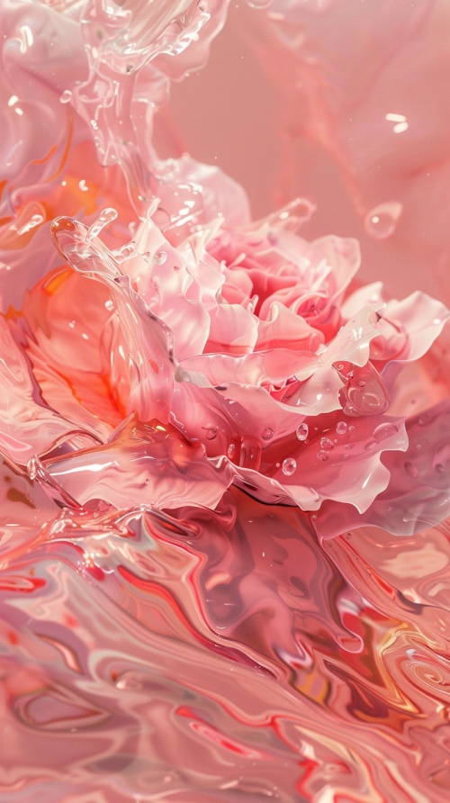 流体油画，透明水流体，喷溅，玫瑰花，粉色，流体背景，流畅，透亮，oc渲染，超级细节，细节，高级感，前视图，16k