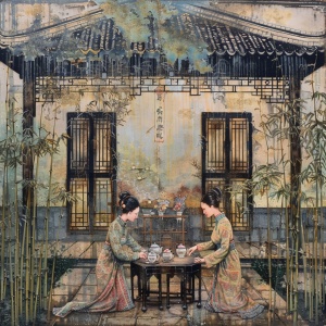 现代与古代的交汇——古建筑院落中的年轻女人泡茶