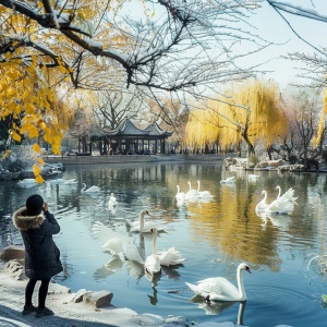 西安长安区有个樊川公园，冬日凋零，有个美女拍照，湖面有几只天鹅，草木枯黄，行人稀少，天空蔚蓝。