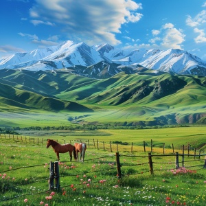 远处的雪山，山下是青青的草原，草原牧场，围栏，两匹马儿在草原悠闲吃草，艳丽的鲜花盛开在草原上，风和日丽的阳光照耀在大地上，如画一样美丽，摄影佳作，极高清，逼真，细腻