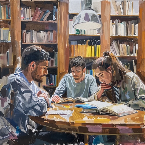 四个学生在图书馆里学习