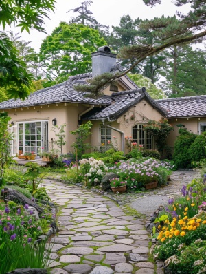 一座位于花园中的房子。房子是单层建筑，有着灰色的瓦片屋顶和米色的墙面。房子前面有一个小庭院，种有各种花草，并铺设了石板路。周围环境绿树成荫，给人一种宁静、舒适的感觉。摄影作品，高清