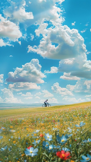 一半画面一个男人骑着自行车在开满鲜花的草原，画面一半天空蓝天白云