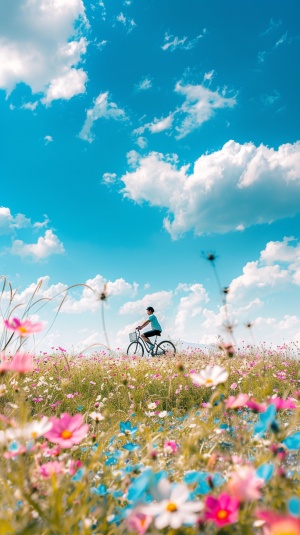 一半画面一个男人骑着自行车在开满鲜花的草原，画面一半天空蓝天白云