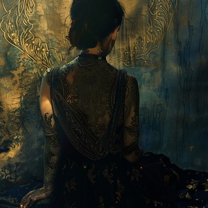 巅峰作品，极致画质，超高分辨率，超精细细节，（A woman with intricate tattoos on her back, wearing a flowing garment. Dark and moody, creating an atmospheric setting. Predominantly dark blues and golds, with warm lighting highlighting the tattoos. Digital art with a realistic style.)，氛围感