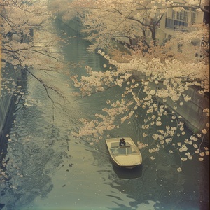 一条带有樱花的小河,以Daido Moriyama的风格拍摄,以ektachrome polaroid风格呈现,城市景色中有一艘船在河上漂浮,照片真实感强、颗粒感、高分辨率、超详细,从上方拍摄,全身照,使用柯达胶卷拍摄。