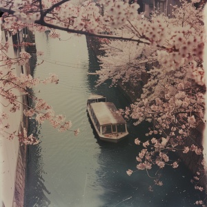 一条带有樱花的小河,以Daido Moriyama的风格拍摄,以ektachrome polaroid风格呈现,城市景色中有一艘船在河上漂浮,照片真实感强、颗粒感、高分辨率、超详细,从上方拍摄,全身照,使用柯达胶卷拍摄。