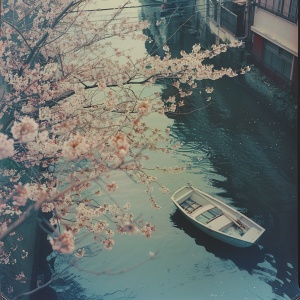 一条带有樱花的小河,以Daido Moriyama的风格拍摄,以ektachrome polaroid风格呈现,城市景色中有一艘船在河上漂浮,照片真实感强、颗粒感、高分辨率、超详细,从上方拍摄,全身照,使用柯达胶卷拍摄。