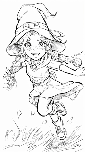 Chilcren's coloring page, my gameplay toy character, cartoon style, thick lines, low detail, no shading, graphic design, pencil sketch of Chibi, toy character, A girl running with twin ponytails and braided hair, wearing a wizard hat, filled image, front view display