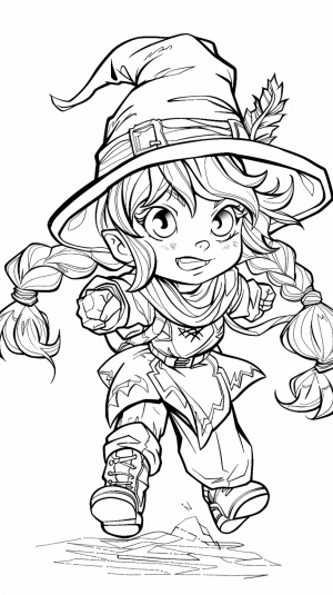 Chilcren's coloring page, my gameplay toy character, cartoon style, thick lines, low detail, no shading, graphic design, pencil sketch of Chibi, toy character, A girl running with twin ponytails and braided hair, wearing a wizard hat, filled image, front view display