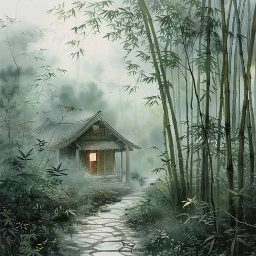 下雨天，竹林里，有个小屋，可以喝茶，非常舒服安全，风景画