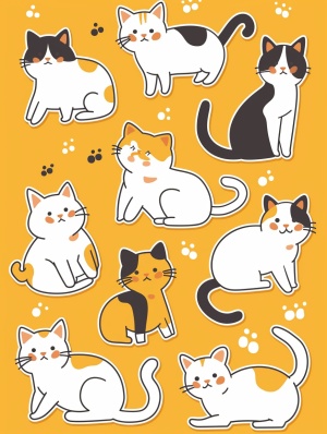 Cute white kawaii illustration of cat sticker sheet style with yellow background, simple line art drawing in the style of cute cat with simple details.