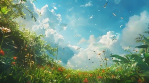 一片草地，草地上开着小花，左侧有丛林，远处是蓝天白云，天空中有几只小鸟在飞翔