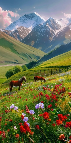 远处的雪山，山下是五颜六色的花，草原牧场，围栏，两匹马儿在草原悠闲吃草，艳丽的鲜花盛开在草原上，风和日丽的阳光照耀在大地上，如画一样美丽，摄影佳作，极高清，逼真，细腻