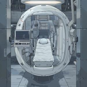 画一幅画，赛博朋克风格，横放的卵形医疗手术舱，上半部分全透明舱盖，下半部分底座白色，内部有白色手术床，外部中间靠下部分有透明控制台，舱内有机械手臂负责动手术，背景为太空飞船内，金属灰光泽，高清写实