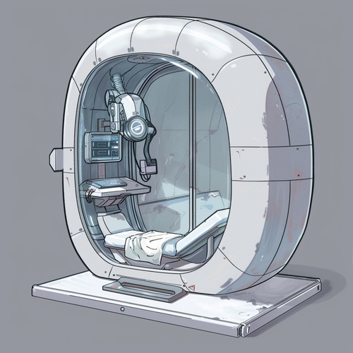 画一幅画，赛博朋克风格，横放的卵形医疗手术舱，上半部分全透明舱盖，下半部分底座白色，内部有白色手术床，外部中间靠下部分有透明控制台，舱内有机械手臂负责动手术，背景为太空飞船内，金属灰光泽，高清写实