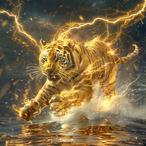 一只由闪电构成的金色老虎,眼睛闪闪发光,从水中跃出,爪子锋利,目光锐利。背景是充满噼啪作响的闪电的电力天空，超现实主义