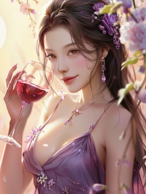 一个美丽的中国女孩,留着长发,手持红酒杯喝着红酒,穿着紫色连衣裙,面带微笑,照片为半身照,背景为粉色,阳光洒在她的头上,脖子上戴着粉色水晶项链,耳垂上有紫色花耳环,透明浅黄色的天空。