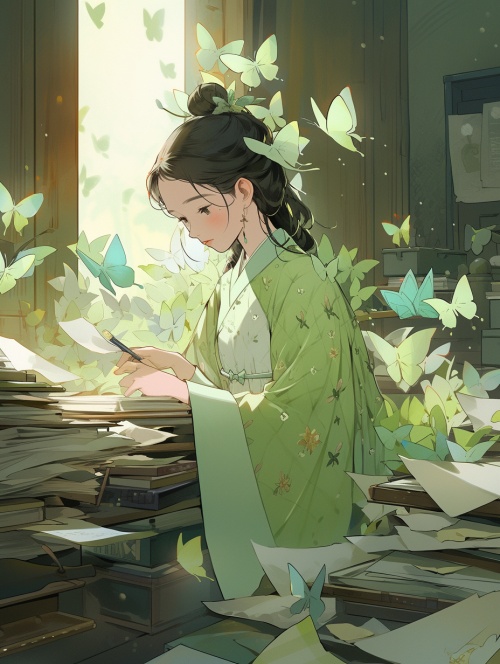 蝴蝶，飞散的书页，绿色，唯美，氛围