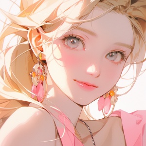 金发美女 粉色瞳 带耳环耳钉 戴锁骨项链 微笑 阳光