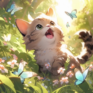 花丛中的猫咪与水晶蝴蝶