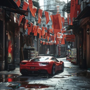 一辆红色的法拉利在一条小巷中停放，旁边是商店，巷子上面挂着红色的国旗，充满了年味