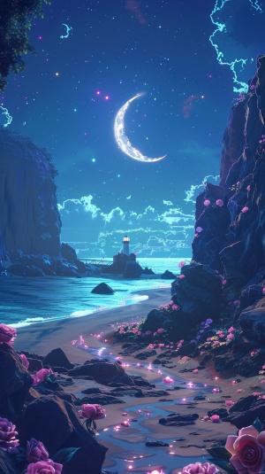 输入描述词海滩，夜空中有许多荧光色的岩石，银白色的新月，玫瑰环绕的岩石，高耸的灯塔+照明，荧光灯海，月光照耀着星星闪烁的海洋