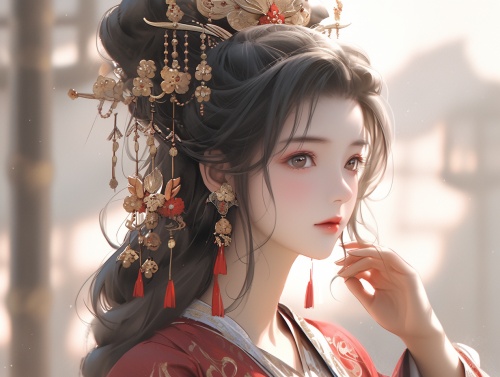 中国古风女子，穿着华丽的汉服，口红，简单的发饰，精致的妆容，精致完美的五官，逼真的皮肤，站着，室内，32k高清画质