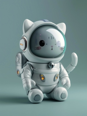 Front view, left view, right view, full body, cartoon IP, gray cat, white astronaut glass hat, technological feel, cute, squat, clean background, Pop Mart, Pixar, IP blind box, clay material, soft colors, studio lighting, Octane Render, 3D, C4D, ultra-high definition 8K, 16:9 aspect ratio.
