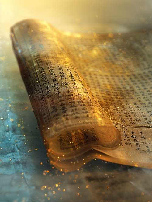 An unrolled ancient Chinese rice paper book, opened and placed, glass material, written with Chinese characters in gold, transparent, light blue, white, light gold, C4D, OC renderer, dreamlike, combined with the sense of the ancient and the future, three-dimensional ancient, bioluminescent, a beam of light, three-dimensional ancient, romantic ancient, light yellow, clean background, Zhao Wuji, Clear particles, clear light and shadow, real and virtual fields, ultra-high resolution, the overall composition is