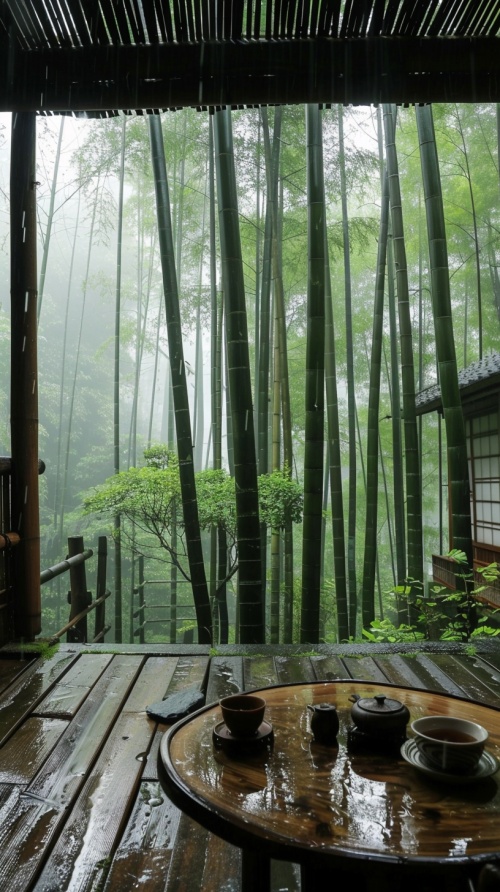 下雨天➕竹林里➕有个小屋➕可以喝茶 很舒服惬意 自然风景 很治愈 很有安全感