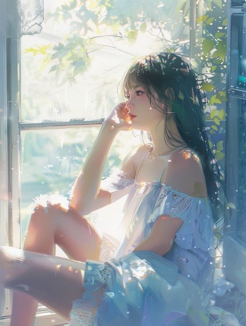 一个20岁 少女坐在窗边，阳光柔和地洒在身上。窗外是一片美丽的风景，绿树成荫的公园或是波光粼粼的湖泊，