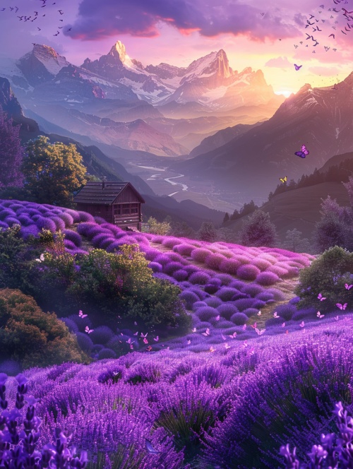 -lavender field-sunset-majestic mountains in the background-beautiful butterflies fluttering around-a gentle breeze carrying the scent of lavender-a quaint wooden cottage nestled among the flowers-the sound of bees buzzing happily-the colors of purple, green, and gold blending together harmoniously