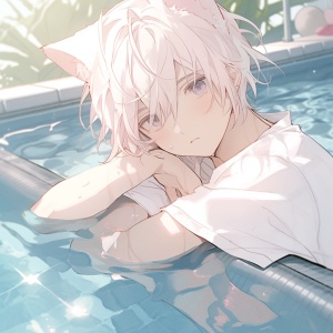 一个男孩，有粉色的猫耳朵，金色的眼睛，白色的头发，白色的衬衫已经湿透了，躺在泳池里。