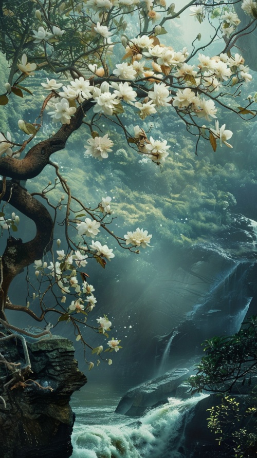 On the edge of an ancient tree, white flowers bloom in full swing on its branches and leaves. Behind it is a river with water flowing, green trees and mist floating around. It has a beautiful artistic conception with high definition photography and super details, in the style of an impressionist painter.