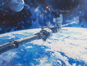这幅画描绘了宏大静谧的太空景象，近景为白色基调中国空间站，远景为椭圆的蓝色地球，更远处为其他星体，高清摄影图