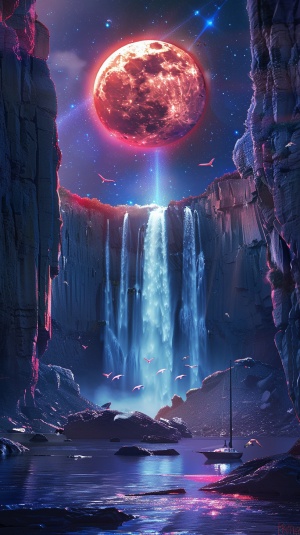 幻梦夜空：瀑布、月光与星辰