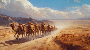 唐朝，沙漠，骆驼拉着商队，丝绸之路