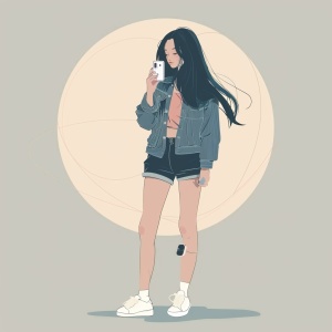 时尚插画：亚洲女孩在简约线条背景前拍照