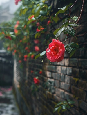一朵蔷薇花绽放w在墙头，下雨天，hua duo上有水珠，远景为墙