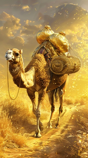 金色草地上金色骆驼背金元宝