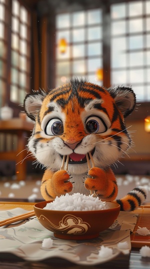 A cute cartoon tiger baby is eating rice with chopsticks in its mouth, with big eyes and a wide open mouth, wearing pajamas. The background of the room features a dining table, a bowl filled with white steaming rice, and warm colors. The illustration is in the style of anime, with the highest quality illustrations and high detail, in the style of Pixar and Disney animation, with 3D rendering at 2K resolution. ar 81:80