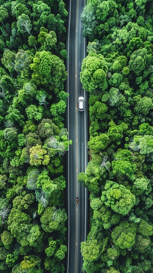 夏天的原始森林公园，一条公路斜着穿过森林，一脸汽车在公路上行驶。上帝视角，无人机视角，航拍，对比色，互补色，莫兰迪色系，徕卡镜头，高清画质，杰作，复杂细节