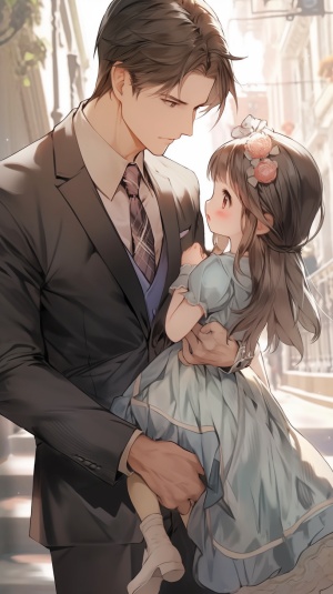一个穿着西装的高大的帅气的男人牵着一个穿蓝色的裙子的可爱的茶色的头发的小女孩。